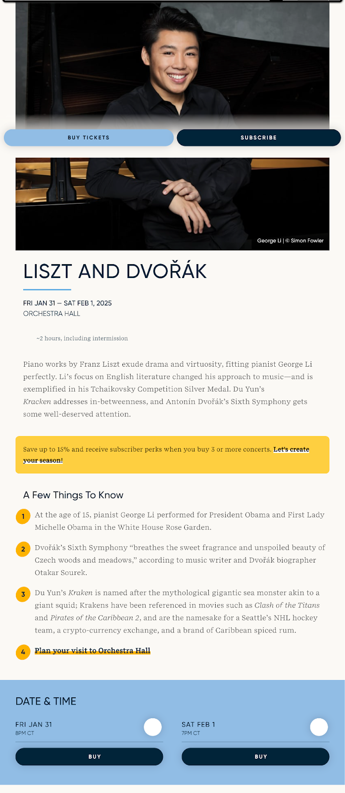 Minnesota Orchestra old event page showing buy tickets buttons buried below extensive supplemental content