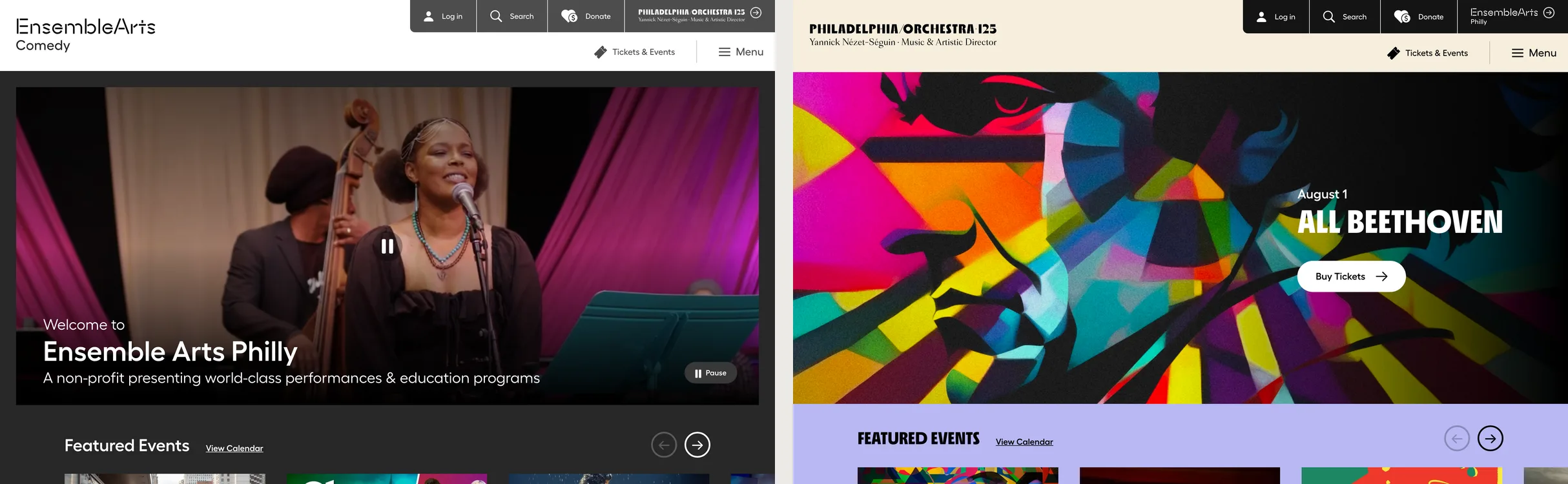 The Ensemble Arts Philly and Philadelphia Orchestra homepages side by side — two distinct brands running on one shared platform.