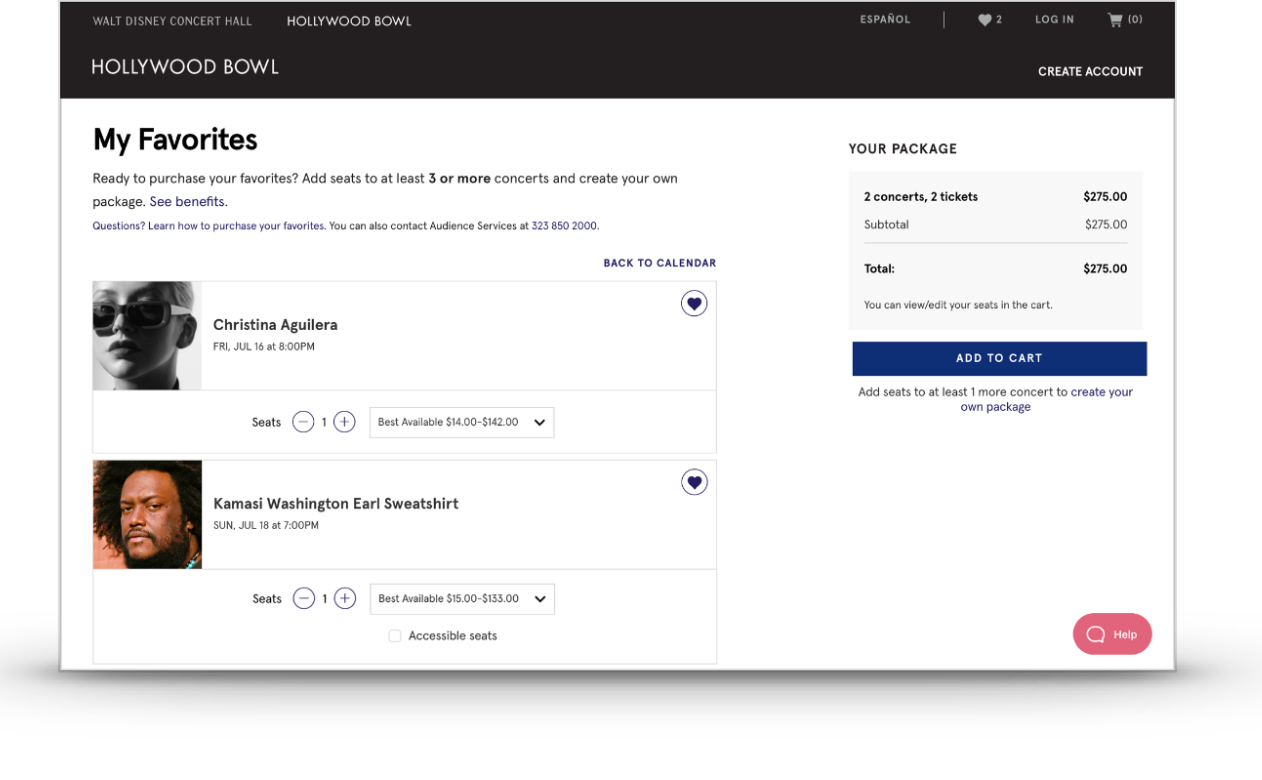 Hollywood Bowl event listing with personalized recommendations